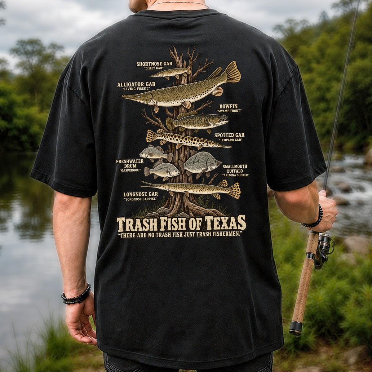 Trash Fish of Texas Gar and Freshwater Fish Graphic T-Shirt | Back Print