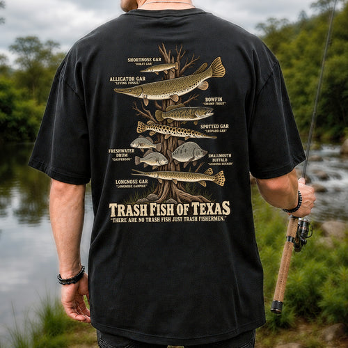 Trash Fish of Texas Gar and Freshwater Fish Graphic T-Shirt | Back Print
