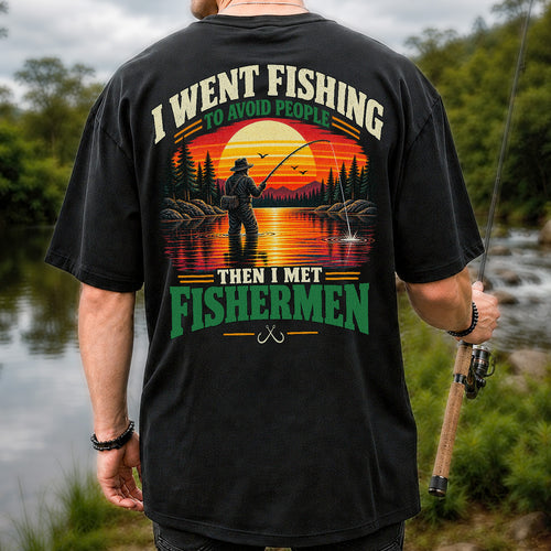 Sunset Fisherman Fishing Humor Graphic T-Shirt | Back Print