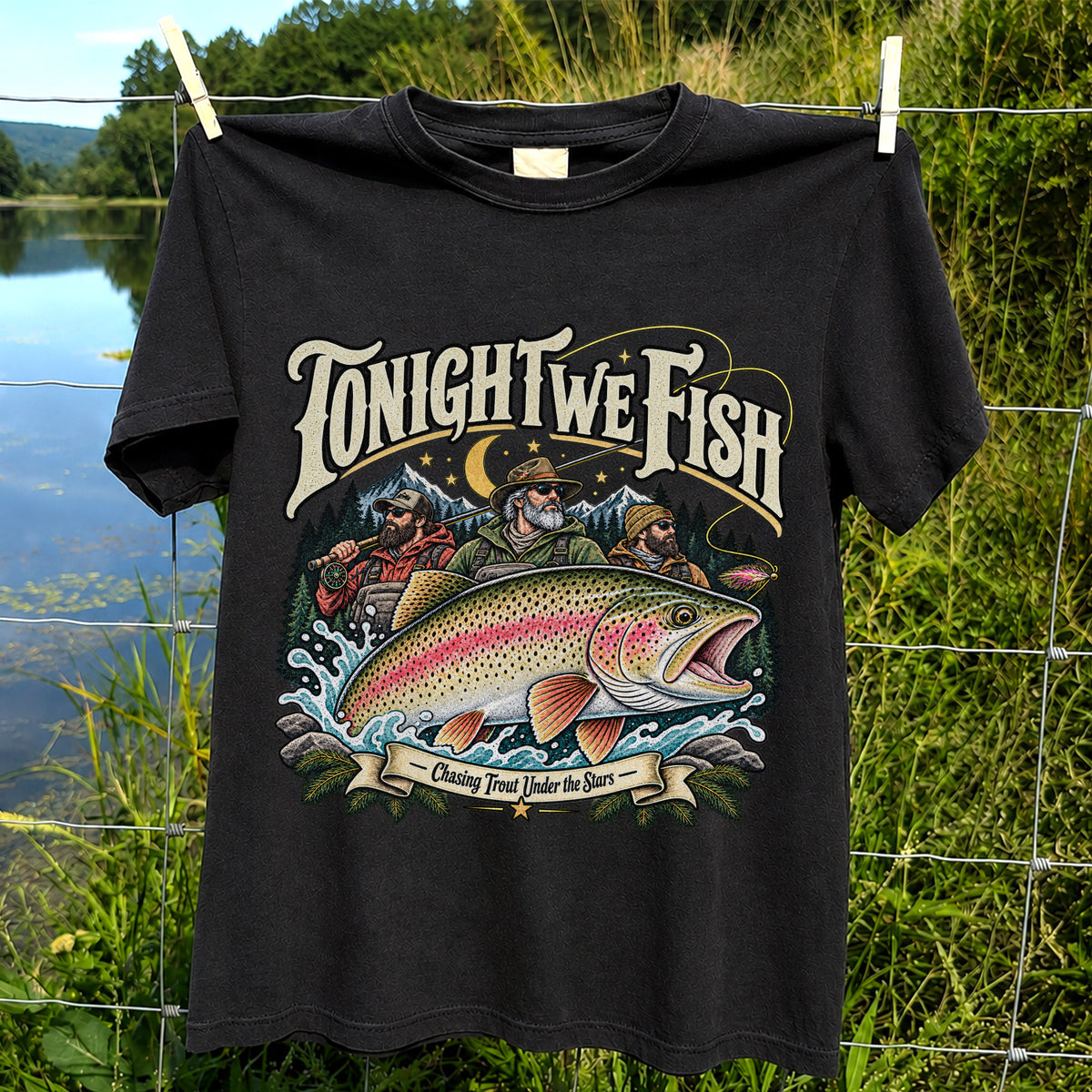 Tonight We Fish Chasing Trout Under the Stars Rainbow Trout Fishing T-Shirt