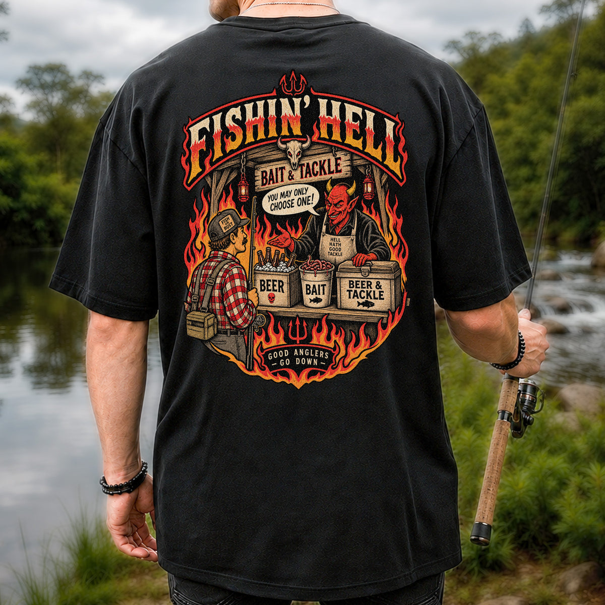 Fishin' Hell Devil Bait and Tackle Funny Fishing T-Shirt | Back Print