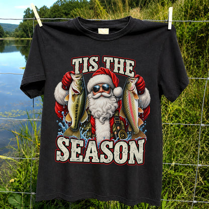 Tis the Season Santa Holding Bass and Rainbow Trout Christmas Fishing T-Shirt