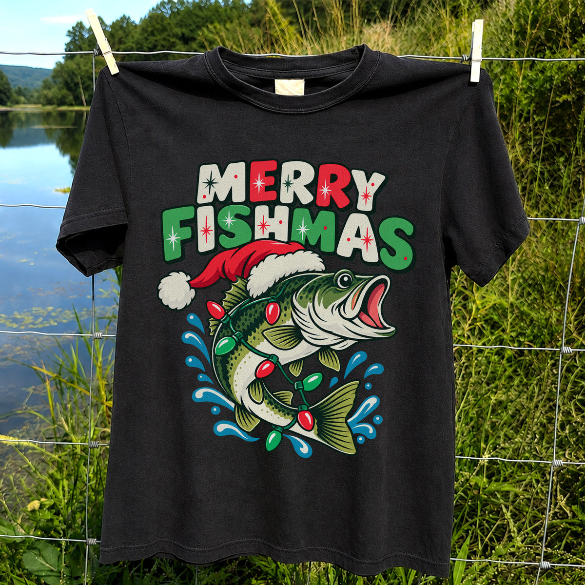 Christmas Bass Wrapped in Lights Graphic T-Shirt