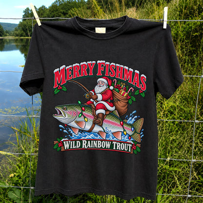 Merry Fishmas Santa Riding a Wild Rainbow Trout Christmas Fishing T-Shirt