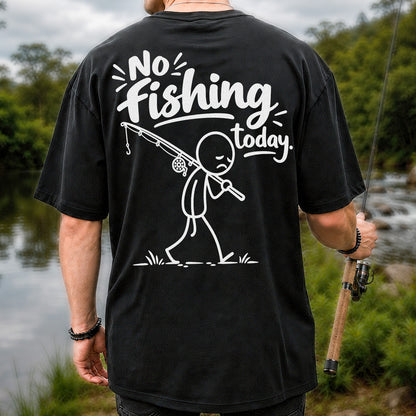No Fishing Today Sad Stick Figure Angler Funny Graphic T-Shirt | Back Print