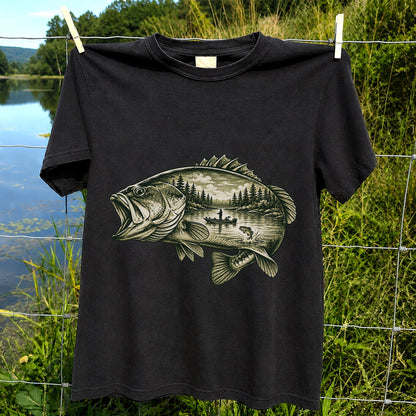 Vintage Bass Lake Fishing Scene Graphic T-Shirt