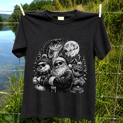 Santa Snowman Gingerbread and Bass Christmas Fishing T-Shirt