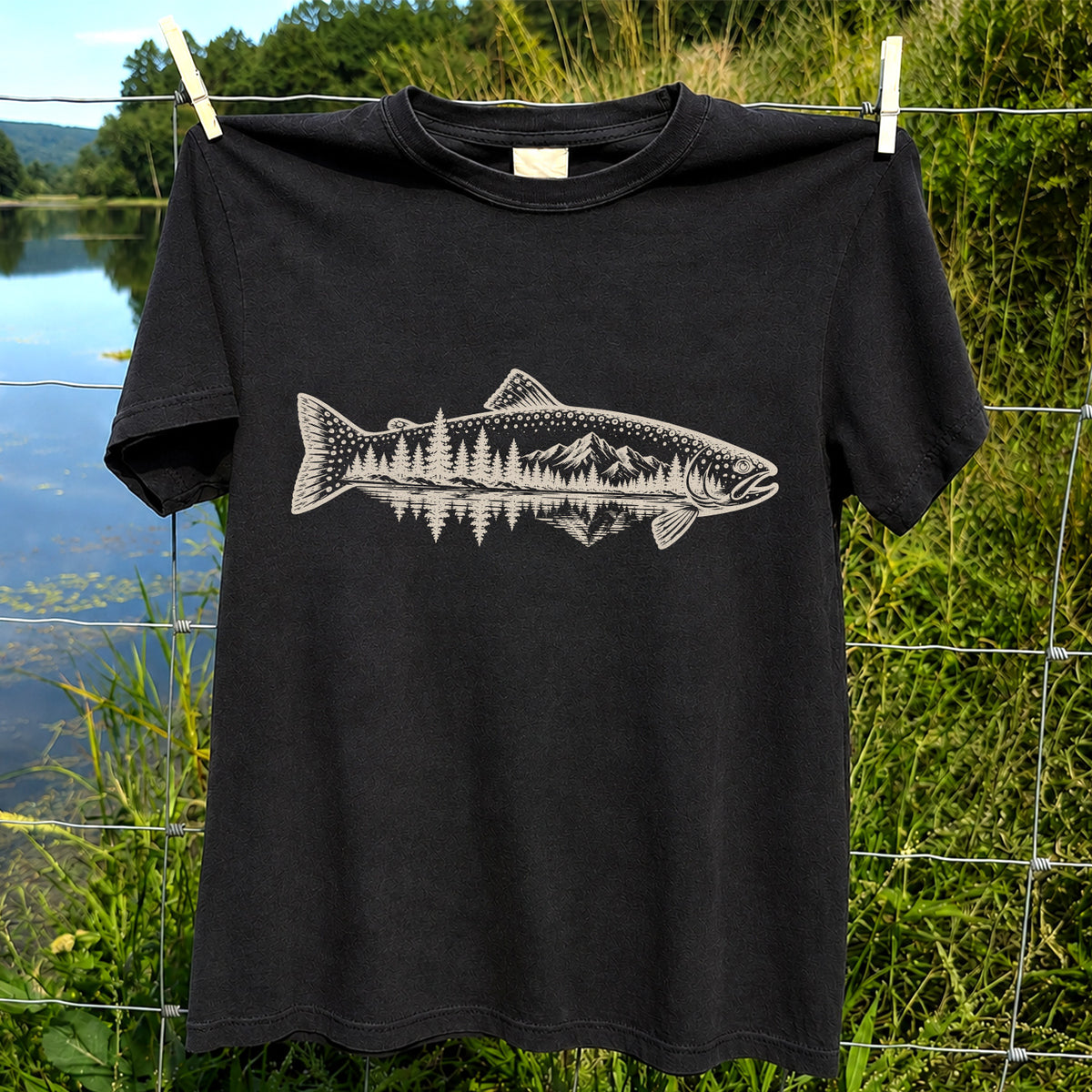 Trout Mountain Forest Reflection Fishing Graphic T-Shirt