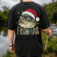 Bass Wearing Santa Hat and Holiday Glasses Fishing Graphic T-Shirt | Back Print