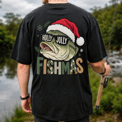 Bass Wearing Santa Hat and Holiday Glasses Fishing Graphic T-Shirt | Back Print