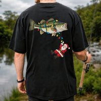 Santa Hanging from Christmas Lights on Bass Fishing Graphic T-Shirt | Back Print
