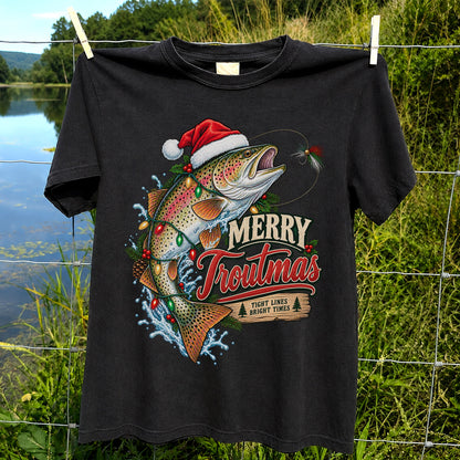 Merry Troutmas Tight Lines Bright Times Santa Hat Rainbow Trout Fishing T-Shirt