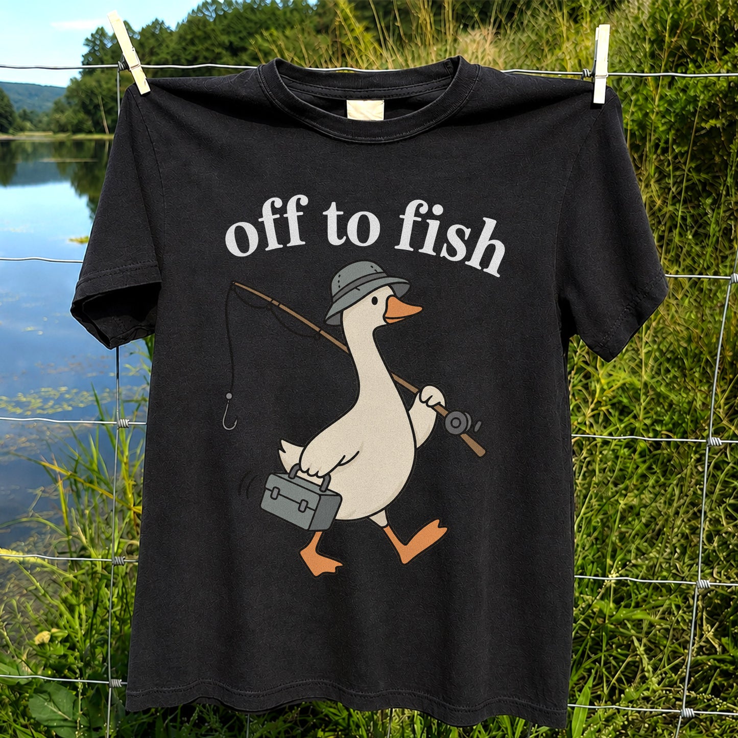 Off to Fish Funny Fishing Goose Graphic T-Shirt