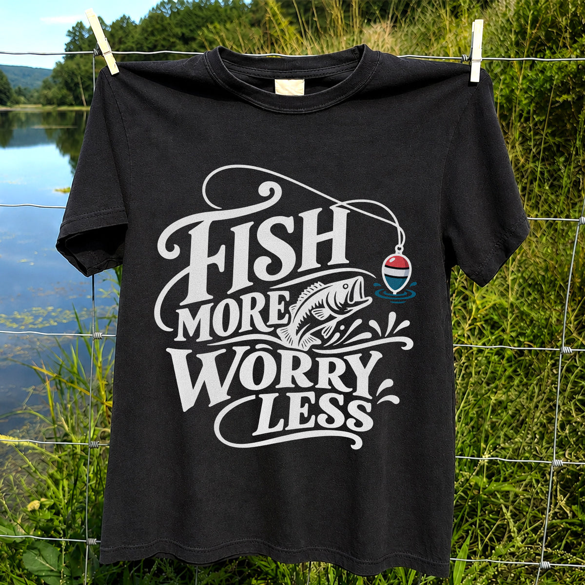 Fish More Worry Less Funny Fishing Graphic T-Shirt