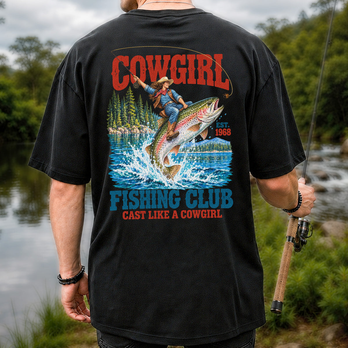 Cowgirl Riding Rainbow Trout Fishing Club T-Shirt | Back Print