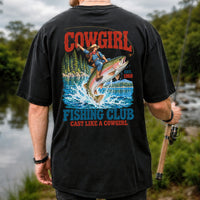 Cowgirl Riding Rainbow Trout Fishing Club T-Shirt | Back Print
