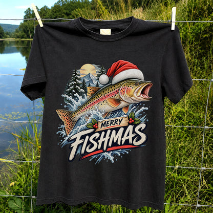 Merry Fishmas Santa Hat Rainbow Trout Fishing Graphic T-Shirt