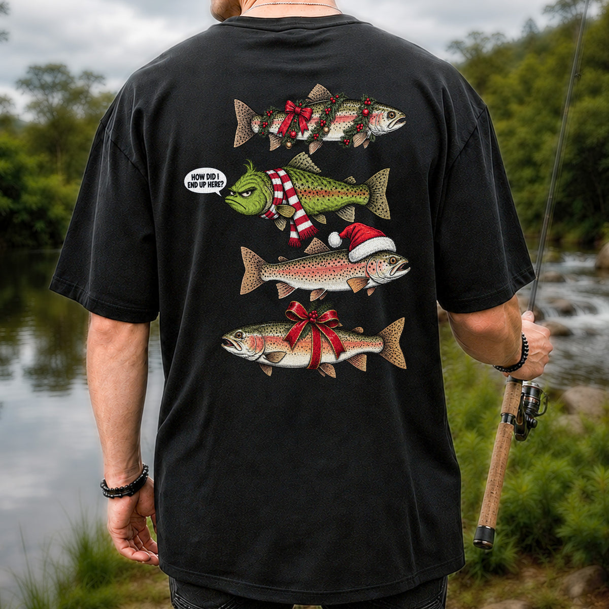 Christmas Trout Fishing Holiday Graphic T-Shirt | Back Print