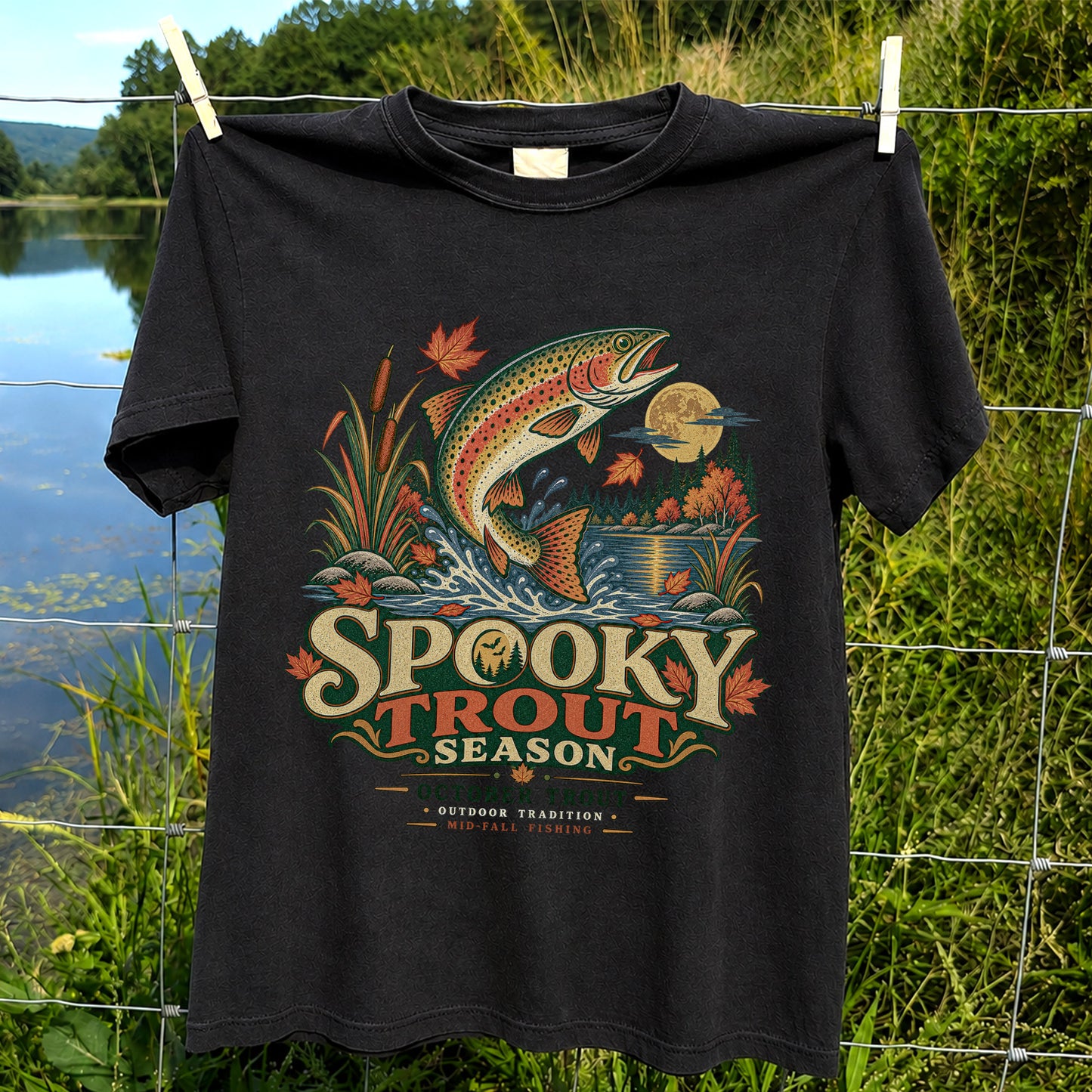 Spooky Trout Season Mid-Fall Fishing Graphic T-Shirt
