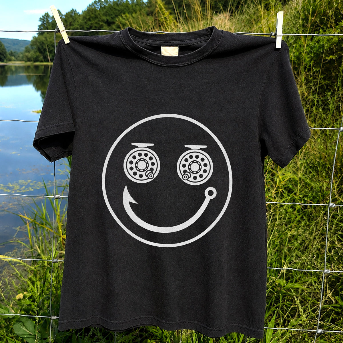 Fishing Reel Eyes Smiley Face Minimalist Graphic T-Shirt