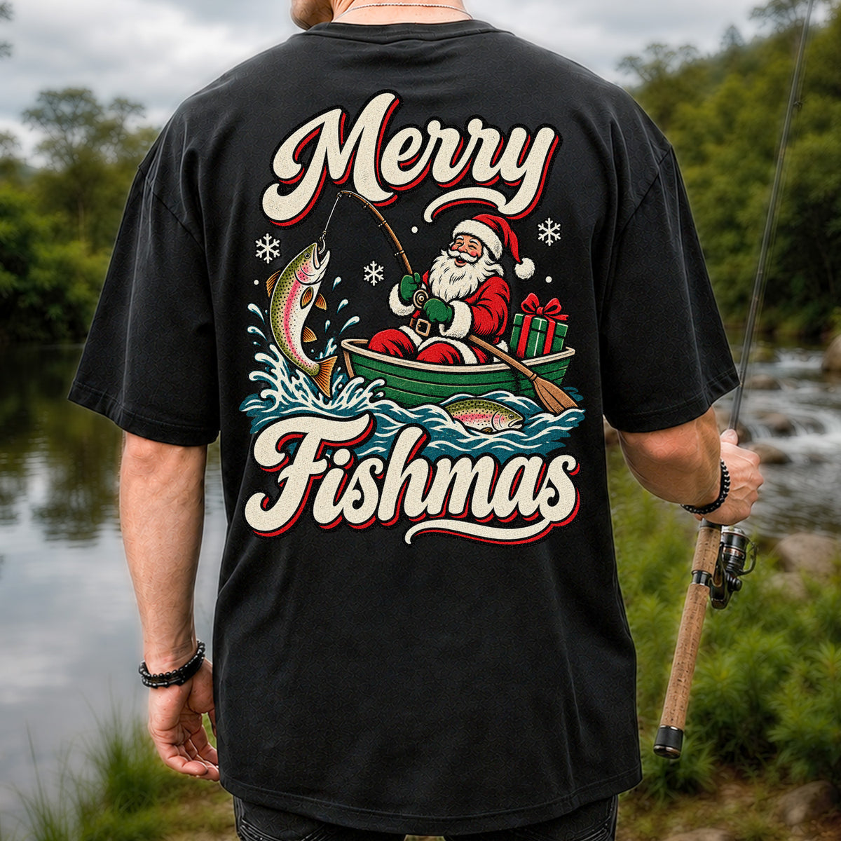 Merry Fishmas Santa Catching Rainbow Trout in a Boat Fishing T-Shirt | Back Print