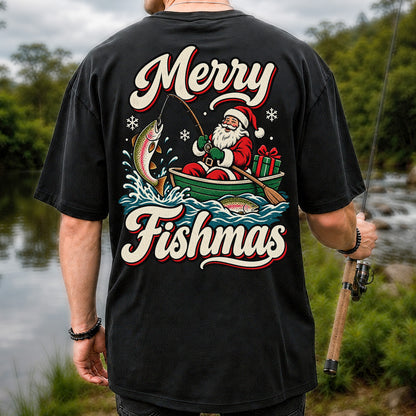 Merry Fishmas Santa Catching Rainbow Trout in a Boat Fishing T-Shirt | Back Print