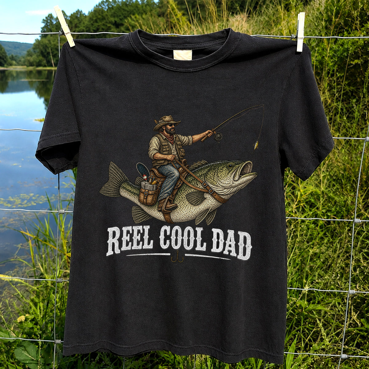 Reel Cool Dad Cowboy Riding a Bass Fishing Graphic T-Shirt