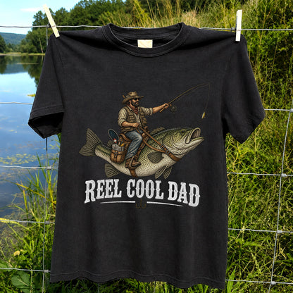 Reel Cool Dad Cowboy Riding a Bass Fishing Graphic T-Shirt