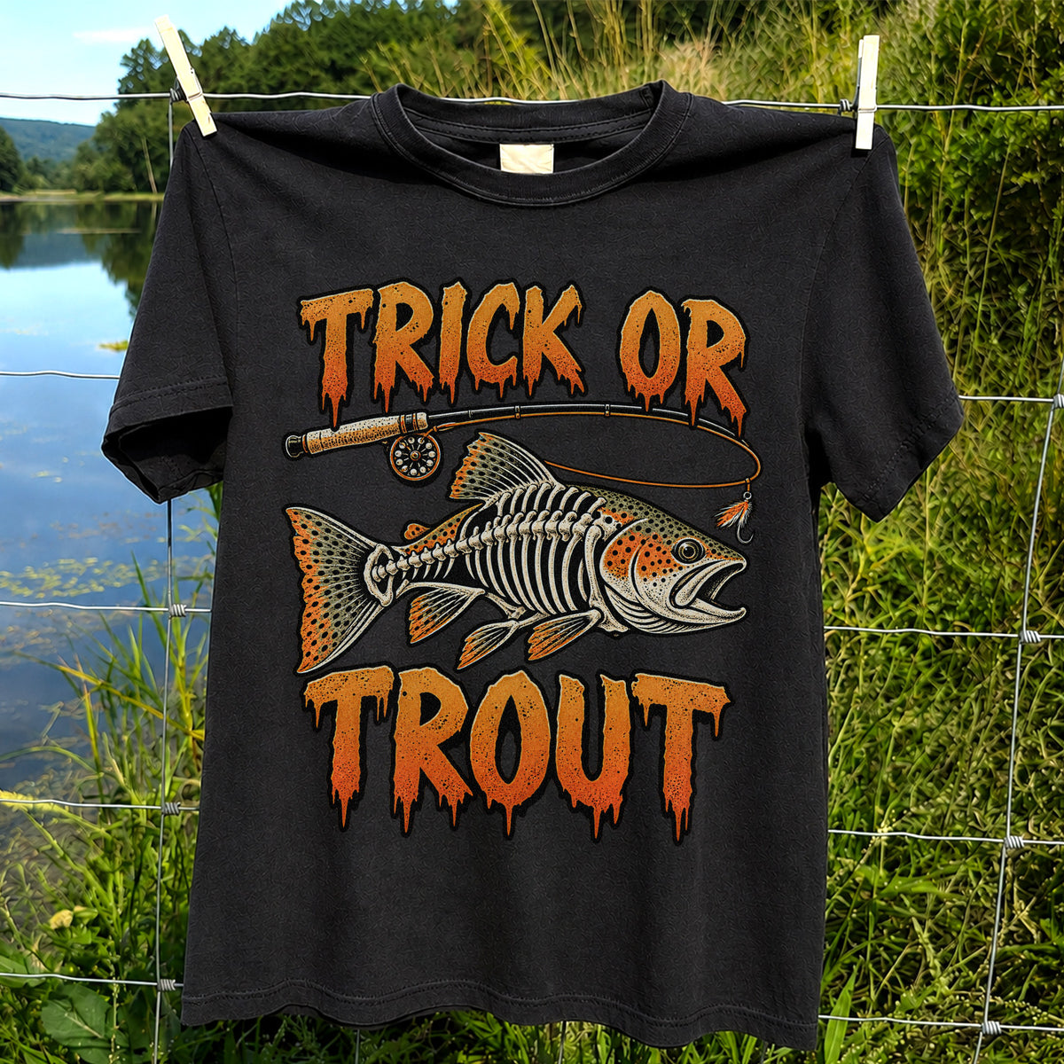 Trick or Trout Skeleton Trout Halloween Fly Fishing T-Shirt