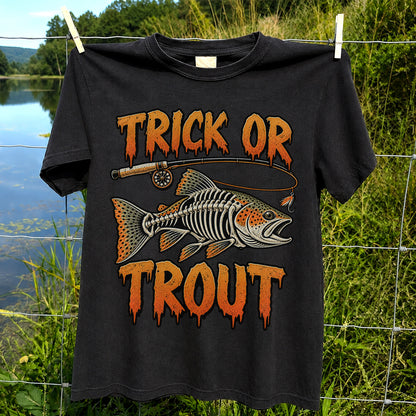 Trick or Trout Skeleton Trout Halloween Fly Fishing T-Shirt
