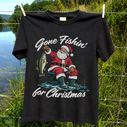 Santa Fishing with Bass Christmas Graphic T-Shirt