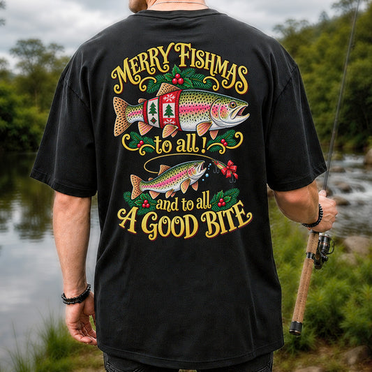 Merry Fishmas to All and to All a Good Bite Rainbow Trout Christmas Fishing T-Shirt | Back Print