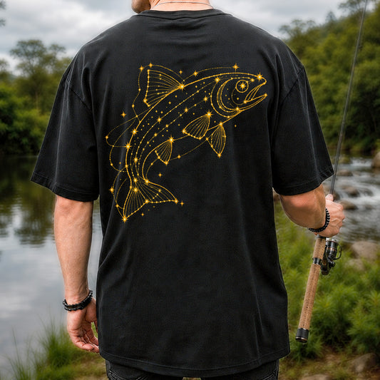 Celestial Fish Constellation Gold Line Art Fishing Graphic T-Shirt | Back Print
