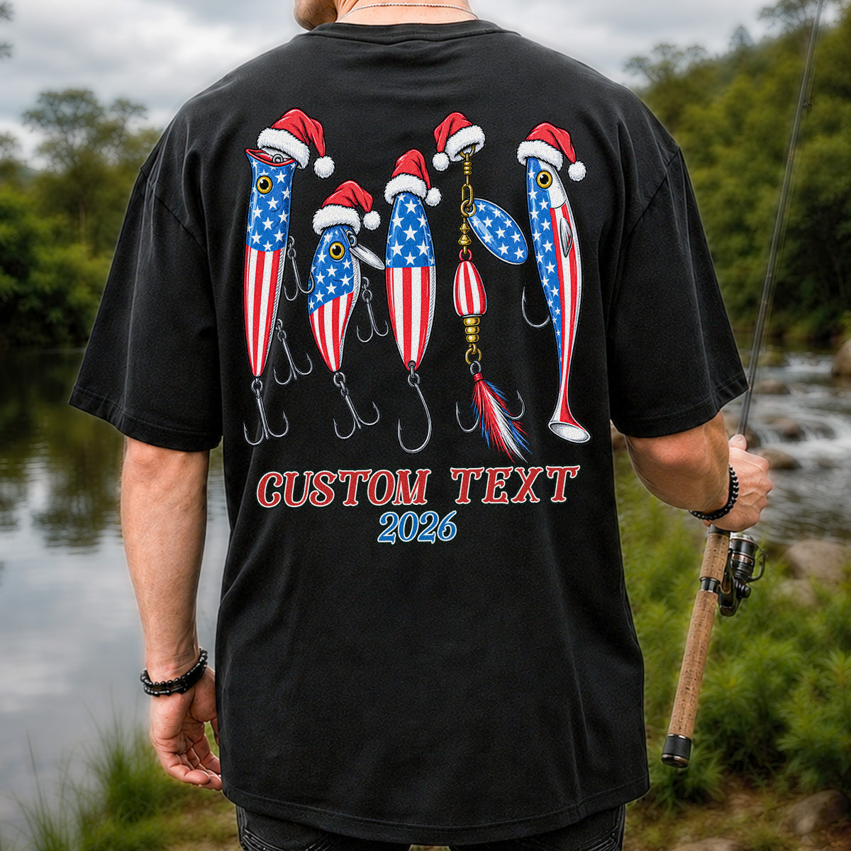 Personalized Patriotic Christmas Fishing Lures T-Shirt | Back Print