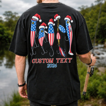 Personalized Patriotic Christmas Fishing Lures T-Shirt | Back Print