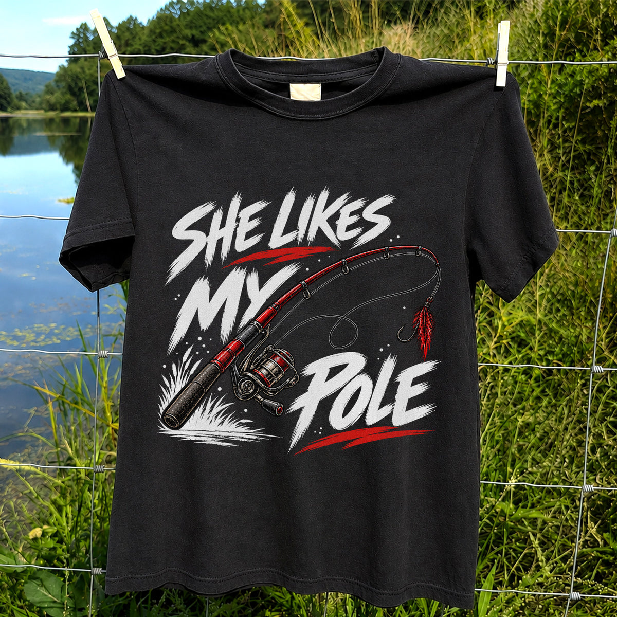 She Likes My Pole Funny Fishing Rod Pun Graphic T-Shirt
