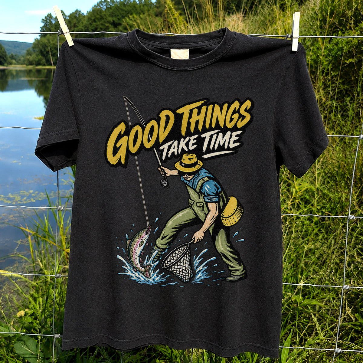 Good Things Take Time Rainbow Trout Fly Fishing Graphic T-Shirt