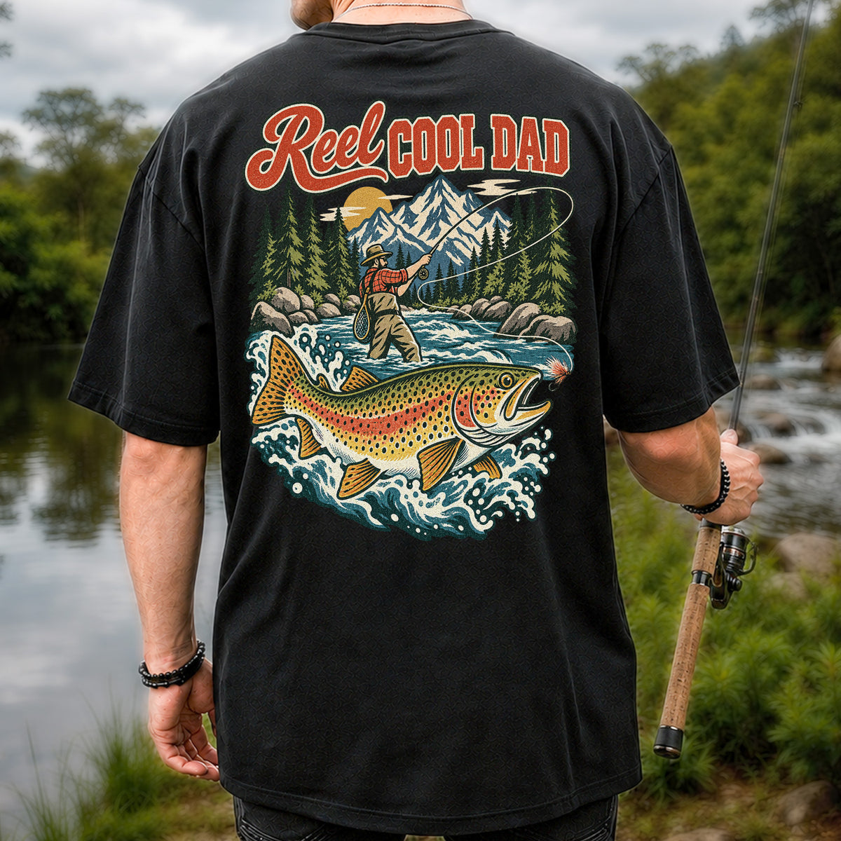Reel Cool Dad Rainbow Trout Fly Fishing Graphic T-Shirt | Back Print