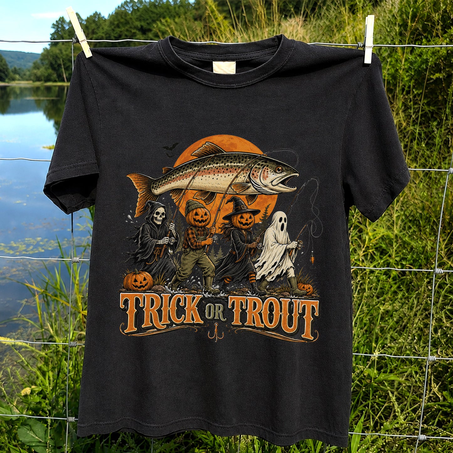 Trick or Trout Halloween Fishing T-Shirt, Vintage Trout Angler Tee