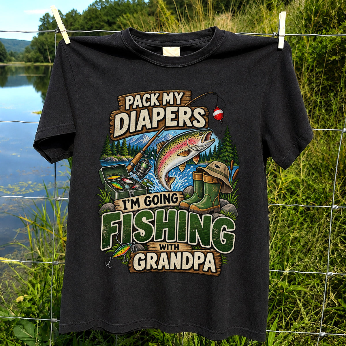 Pack My Diapers I'm Going Fishing With Grandpa Rainbow Trout T-Shirt
