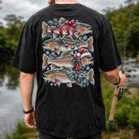 Festive Rainbow Trout Christmas Fishing Graphic T-Shirt | Back Print