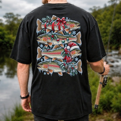 Festive Rainbow Trout Christmas Fishing Graphic T-Shirt | Back Print