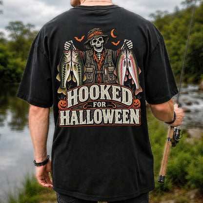 Hooked for Halloween Skeleton Angler with Bass and Trout Fishing T-Shirt | Back Print