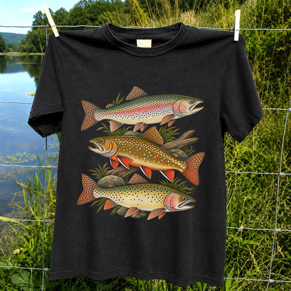 Vintage Rainbow Brook and Brown Trout Fishing Graphic T-Shirt
