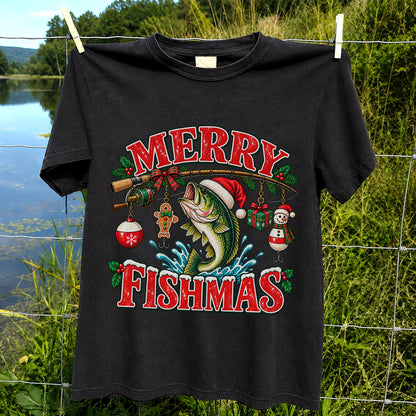 Merry Fishmas Santa Bass Christmas Fishing Graphic T-Shirt