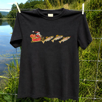 Santa Sleigh Pulling Rainbow Trout Fishing Graphic T-Shirt