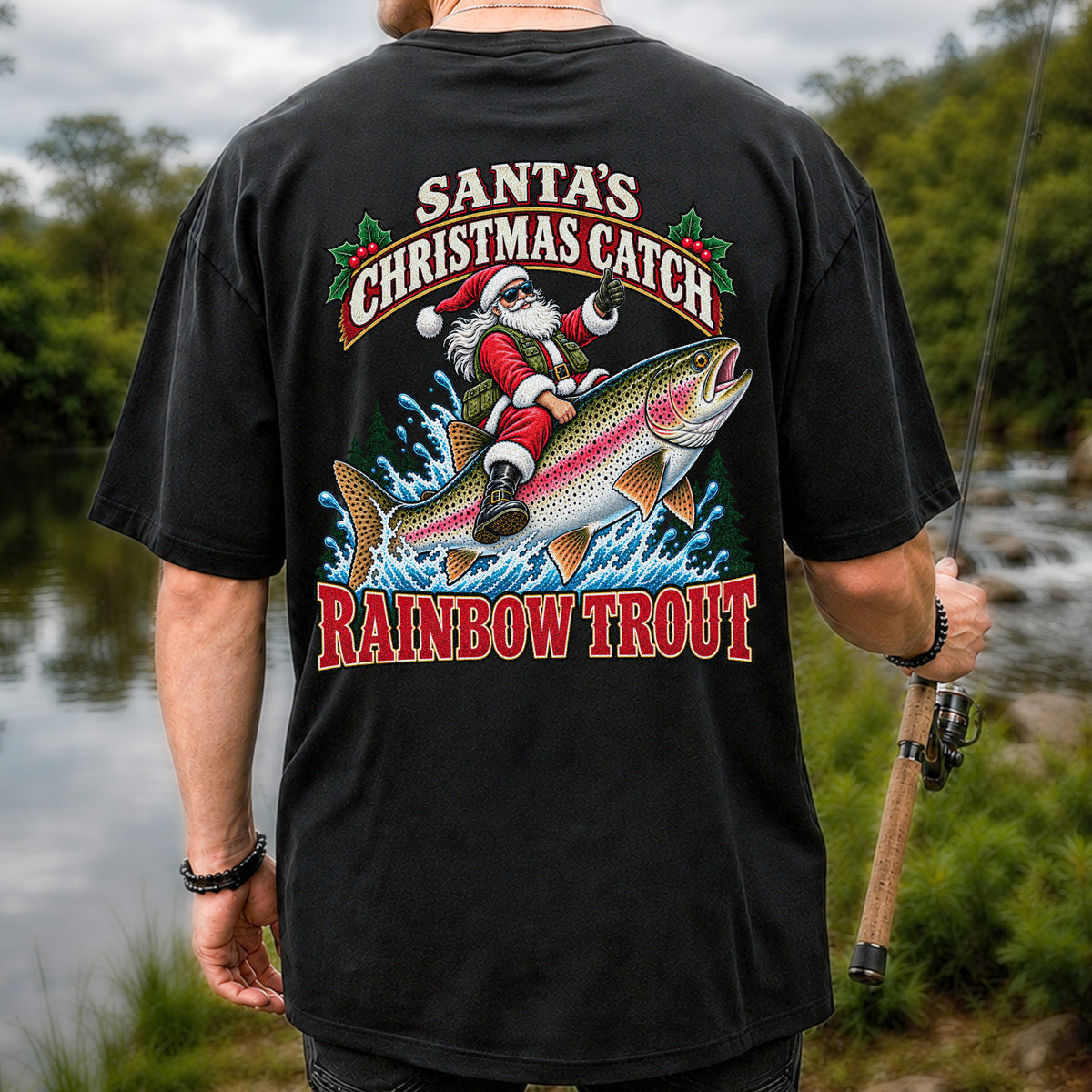 Santa's Christmas Catch Rainbow Trout Fishing T-Shirt | Back Print