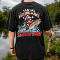 Santa's Christmas Catch Rainbow Trout Fishing T-Shirt | Back Print
