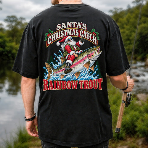 Santa's Christmas Catch Rainbow Trout Fishing T-Shirt | Back Print