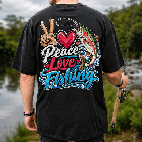 Peace Love Fishing Rainbow Trout and Heart Graphic T-Shirt | Back Print